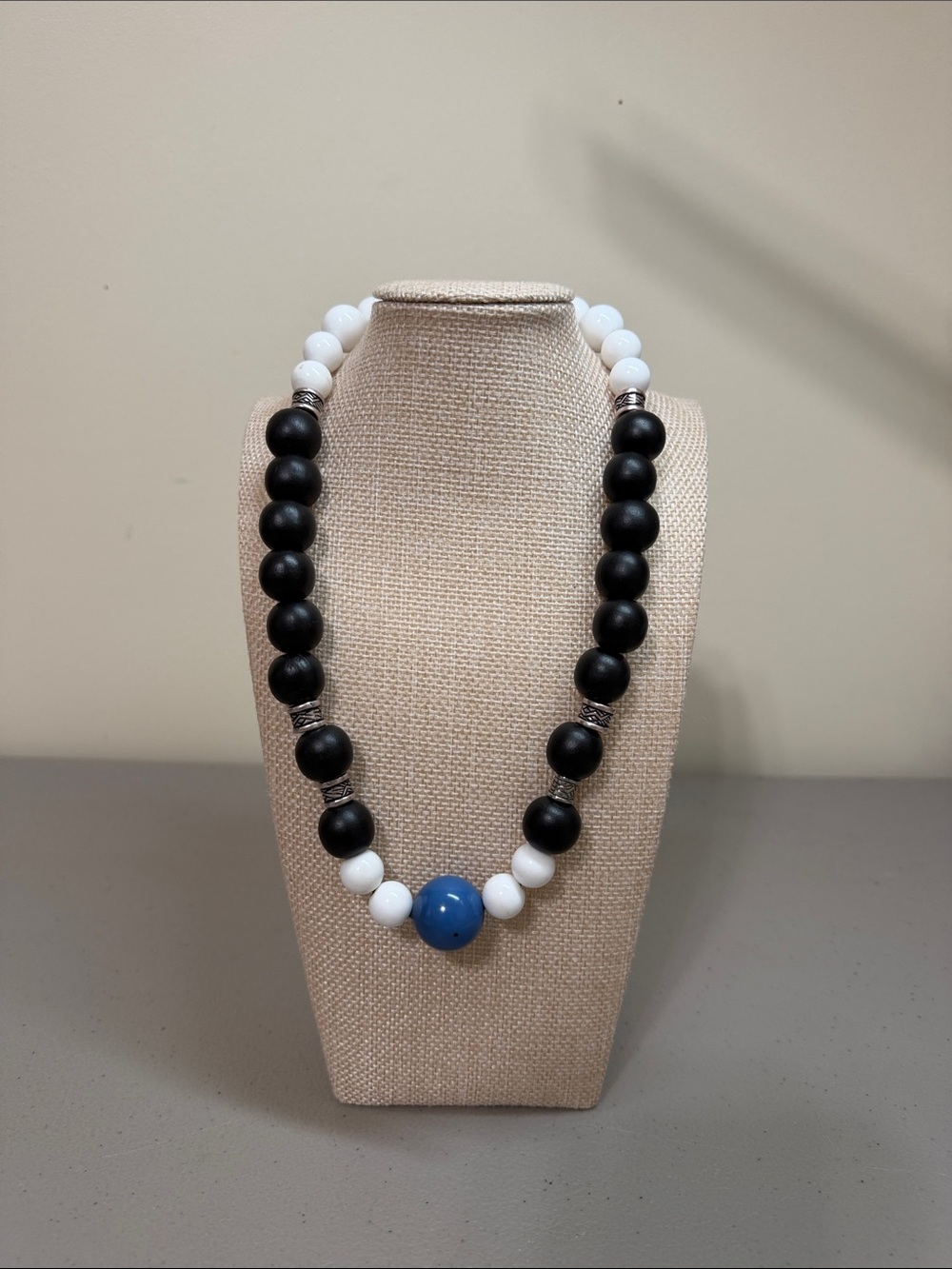 Hand Crafted Black, White & Blue Beaded Necklace
